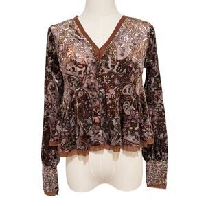 Anthropologie Velvet Paisley Blouse Smocked V Neck Boho Fall Festival Top XXS
